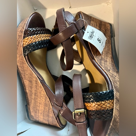 Mossimo Vondra Platform Heel Pumps Braided Tan Black Wood tone Sole 70s Size 8.5 - Picture 1 of 16